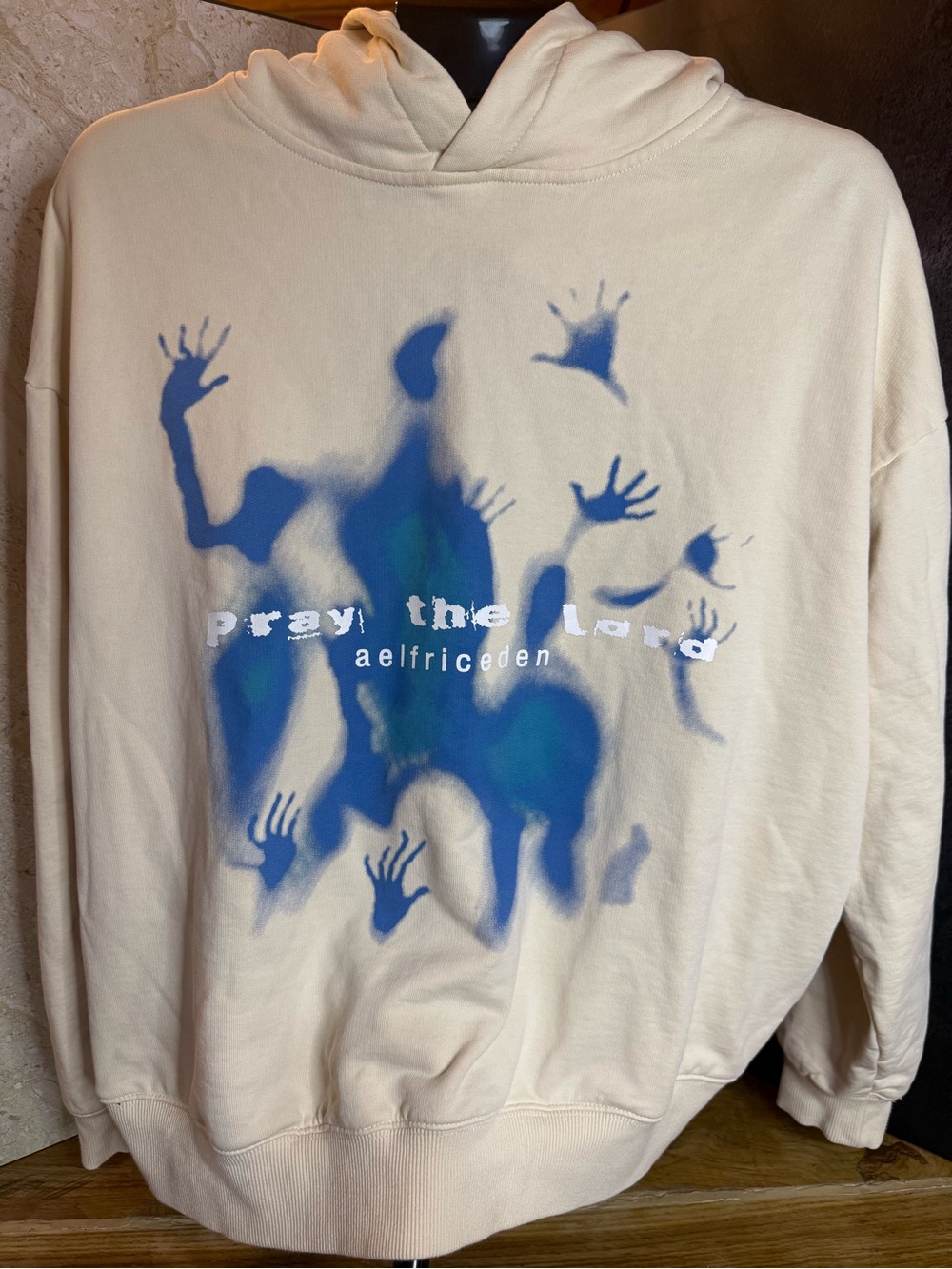 Aelfric Eden Pray The Lord Graphic Hoodie Cream Blue Size M Oversized EUC